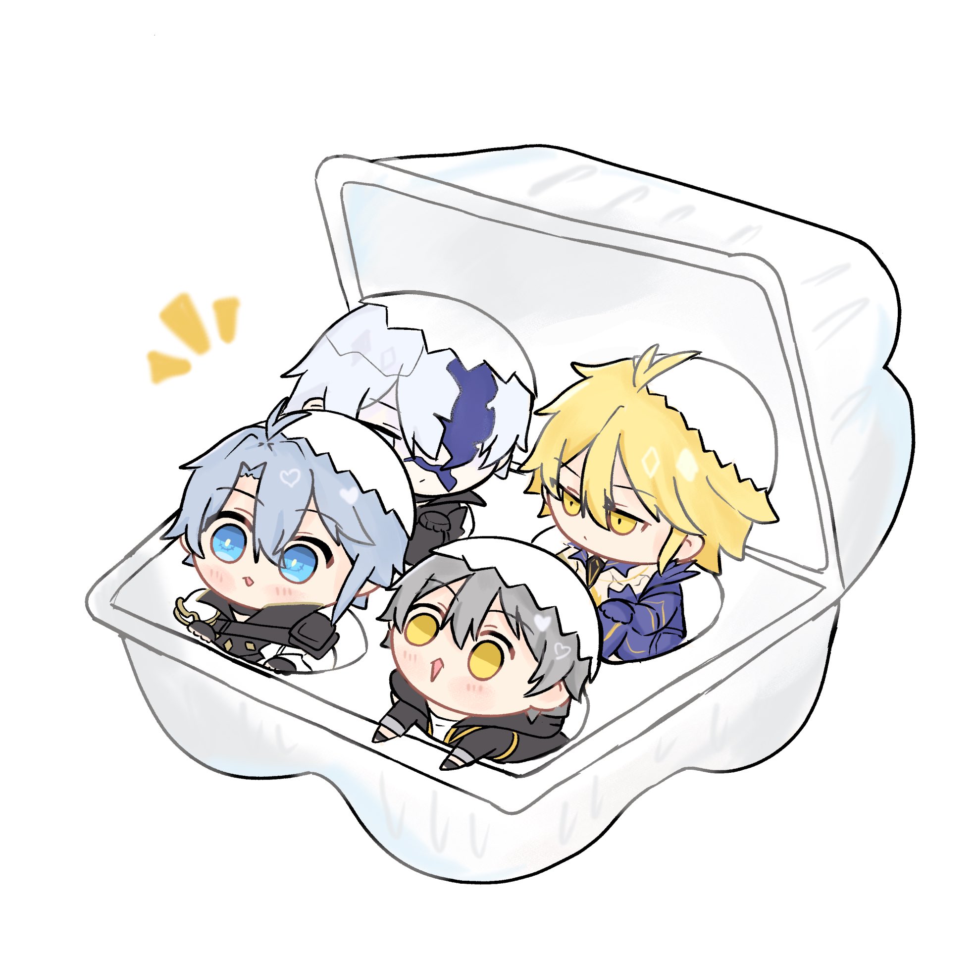 caelus (honkai: star rail), phainon (honkai: star rail), phainon (khaslana) (honkai: star rail), trailblazer (honkai: star rail), honkai: star rail, honkai (series), highres, 4boys, blonde hair, blue eyes, box, chibi, chibi only, closed mouth, grey hair, in box, in container, looking at viewer, multiple boys, open mouth, tanu 0702, white background, white hair, yellow eyes