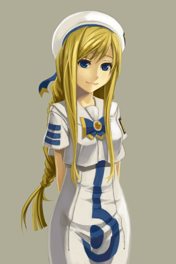 getsumen, alicia florence, aria (manga), 00s, 1girl, arms behind back, blonde hair, blouse, blue eyes, braid, braided ponytail, female focus, hat, long hair, shirt, simple background, single braid, smile, solo, standing, white shirt