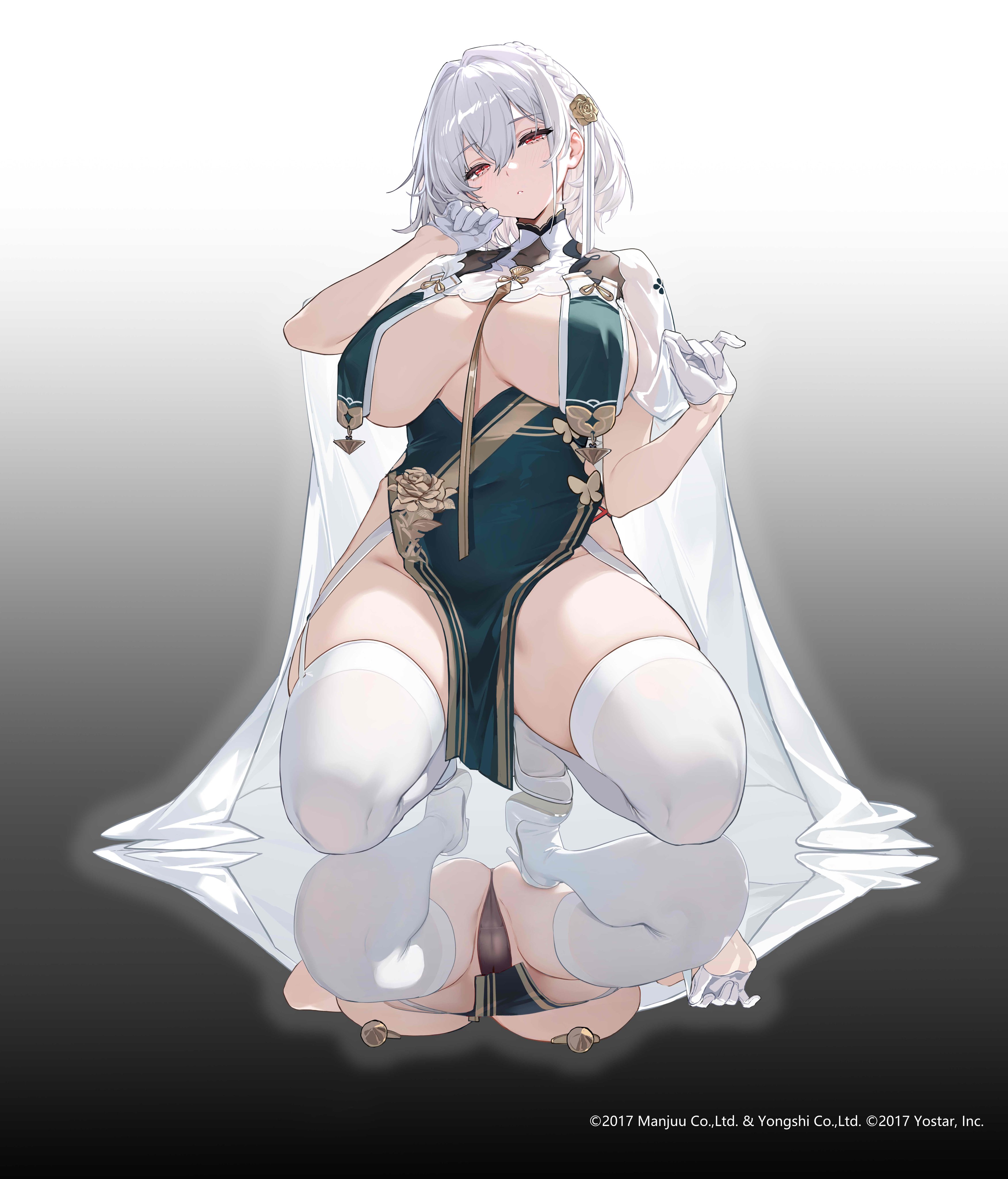 kikimi, sirius (azur lane), sirius (azure horizons) (azur lane), azur lane, absurdres, commentary, highres, 1girl, blue dress, braid, breast curtains, breasts, brown panties, cameltoe, cleavage, covered navel, dress, gloves, gradient background, hair between eyes, hair ornament, hand up, head tilt, high heels, large breasts, looking at viewer, official alternate costume, panties, parted lips, pelvic curtain, red eyes, reflection, shoes, short hair, skindentation, sleeveless, sleeveless dress, solo, squatting, thick thighs, thighhighs, thighs, underwear, white background, white gloves, white hair, white shoes, white thighhighs