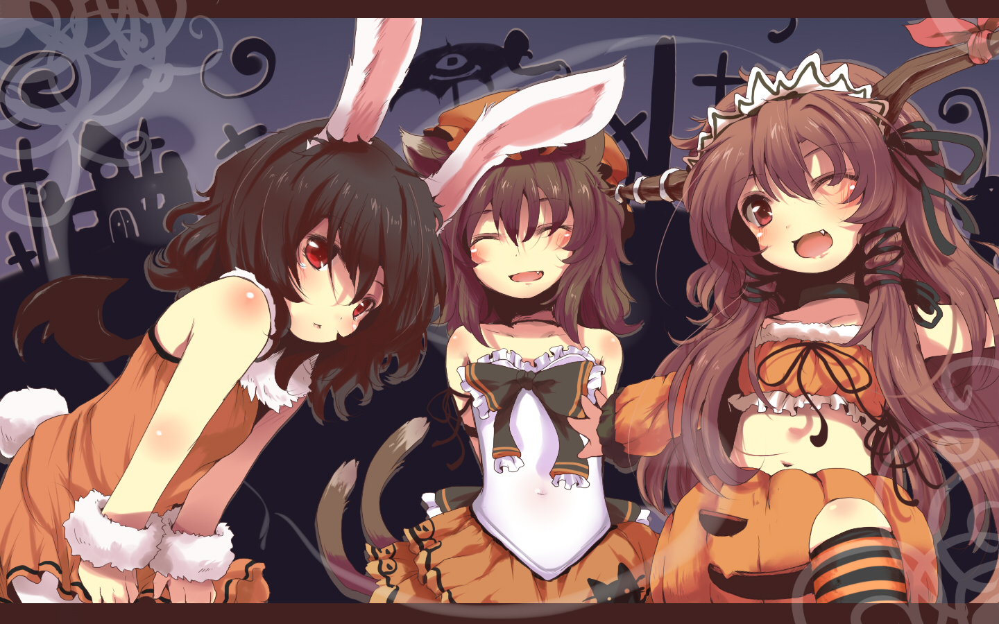 nejime, chen, ibuki suika, inaba tewi, touhou, bad id, bad pixiv id, 3girls, ;d, alternate costume, alternate hair color, alternate hairstyle, animal ears, bat wings, black hair, bow, brown eyes, brown hair, cat ears, cat girl, cat tail, closed eyes, covered navel, dress, fang, female focus, halloween, horns, jack-o'-lantern, long hair, midriff, multiple girls, multiple tails, navel, nekomata, one eye closed, open mouth, orange dress, pantyhose, pumpkin, pumpkin costume, rabbit ears, rabbit tail, red eyes, ribbon, short hair, smile, tail, two tails, very long hair, white pantyhose, wings, wrist cuffs