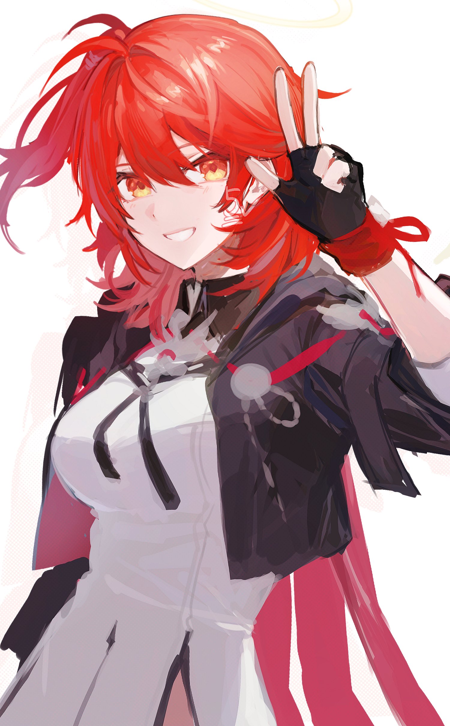 ririri (lilili tea), exusiai (arknights), exusiai the new covenant (arknights), arknights, absurdres, highres, 1girl, :d, arm up, black gloves, black jacket, fingerless gloves, gloves, grin, hair between eyes, halo, jacket, looking at viewer, medium hair, open mouth, orange eyes, red hair, shirt, simple background, smile, solo, traditional halo, upper body, w, watermark, white background, white shirt, yellow halo