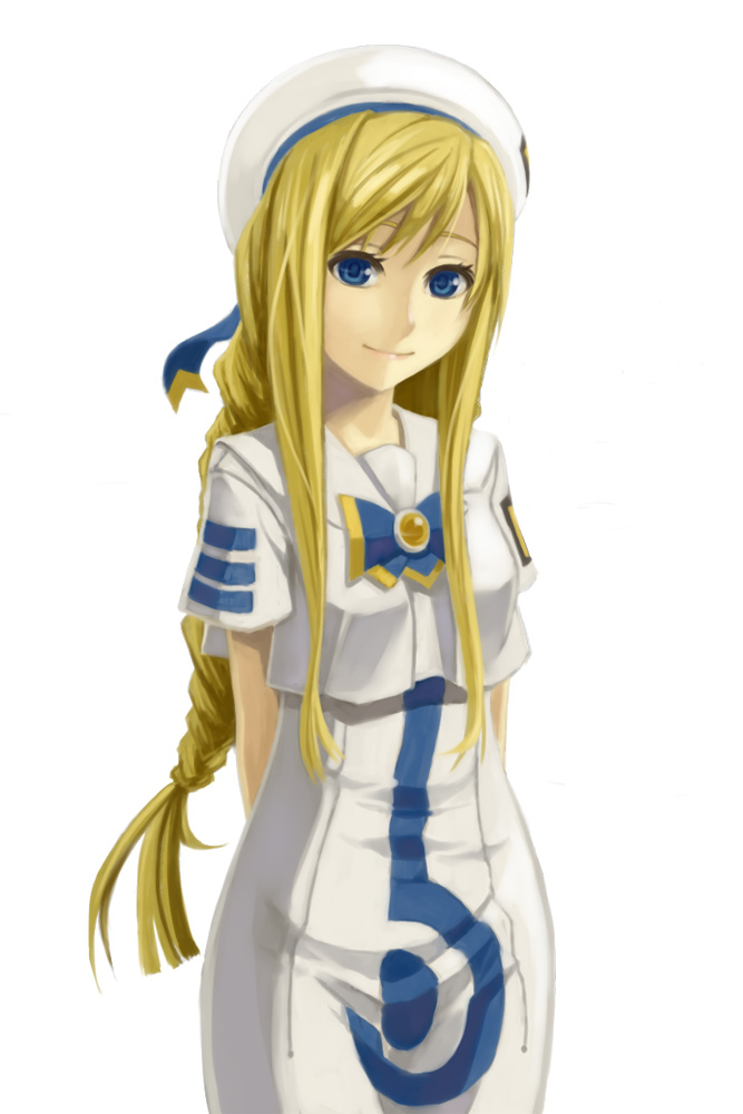 getsumen, alicia florence, aria (manga), bad id, bad pixiv id, 00s, 1girl, arms behind back, blonde hair, blouse, blue eyes, braid, braided ponytail, female focus, hat, long hair, shirt, simple background, single braid, smile, solo, standing, white background, white shirt