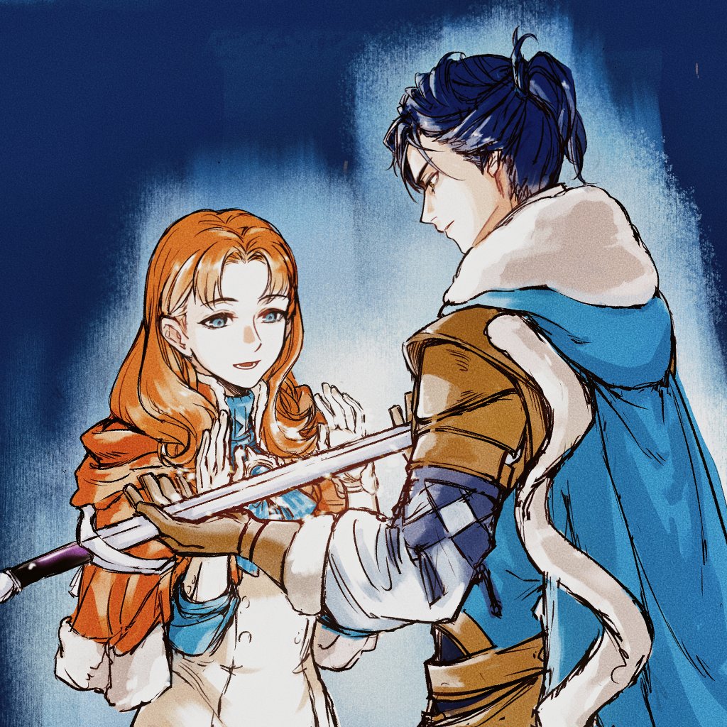 annette fantine dominic, annette fantine dominic (timeskip), felix hugo fraldarius, felix hugo fraldarius (timeskip), fire emblem, fire emblem: three houses, nintendo, commentary request, 1boy, 1girl, :d, black hair, blue eyes, closed mouth, dress, fur trim, holding, holding sword, holding weapon, long hair, long sleeves, open mouth, orange hair, ponytail, smile, sword, tongue, tundram, weapon