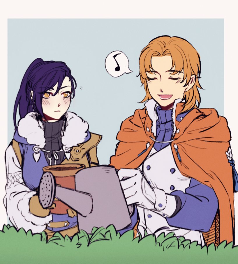 annette fantine dominic, annette fantine dominic (timeskip), felix hugo fraldarius, felix hugo fraldarius (timeskip), fire emblem, fire emblem: three houses, nintendo, commentary request, 1boy, 1girl, black hair, blue jacket, bush, cape, closed eyes, closed mouth, flower pot, fur-trimmed jacket, fur trim, genderswap, genderswap (ftm), genderswap (mtf), gloves, holding, holding flower pot, holding watering can, jacket, long hair, music, musical note, orange cape, orange hair, ponytail, singing, spoken musical note, tundram, watering can, white gloves
