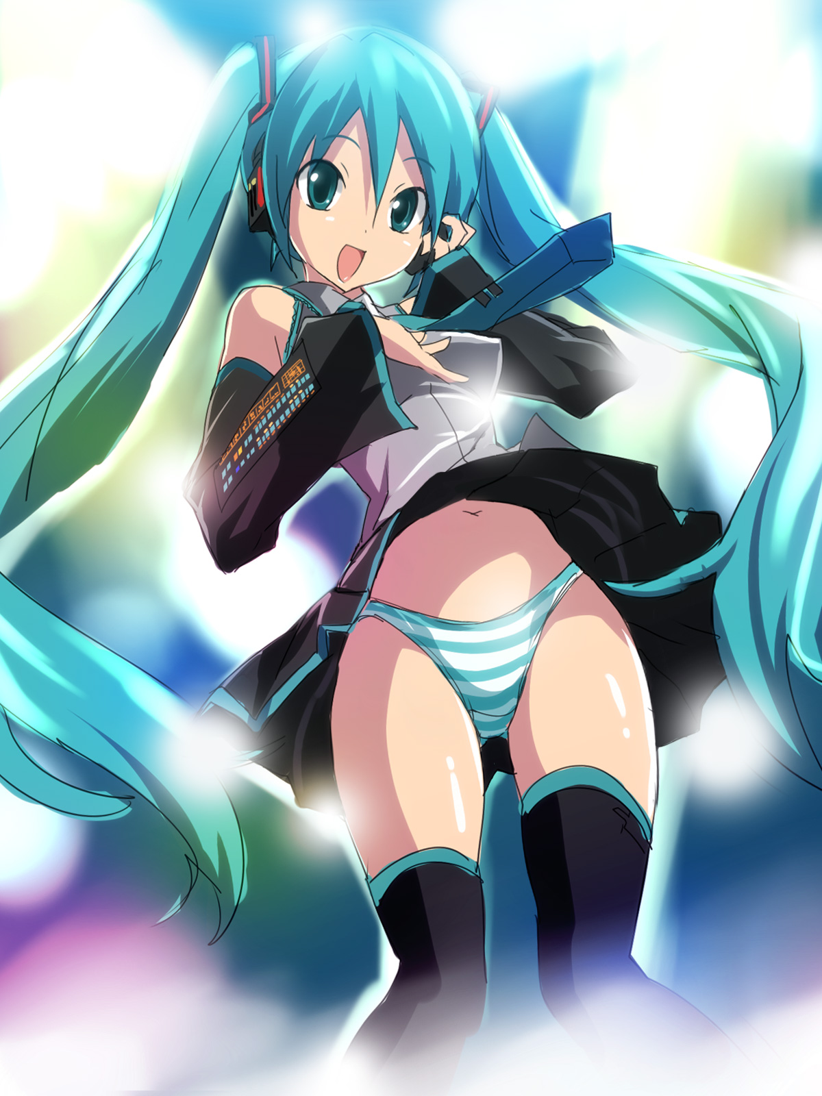 koku, hatsune miku, vocaloid, bad id, bad pixiv id, highres, 1girl, aqua eyes, aqua hair, detached sleeves, female focus, long hair, open mouth, panties, skirt, solo, striped clothes, striped panties, thighhighs, twintails, underwear, very long hair