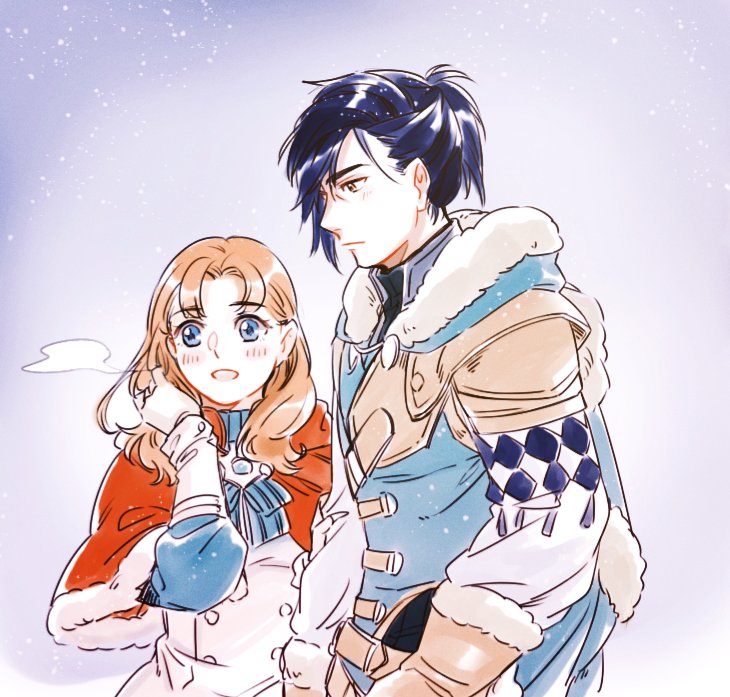 annette fantine dominic, annette fantine dominic (timeskip), felix hugo fraldarius, felix hugo fraldarius (timeskip), fire emblem, fire emblem: three houses, nintendo, commentary request, 1boy, 1girl, armor, black hair, blue eyes, blush, brown eyes, closed mouth, fur trim, gloves, long sleeves, orange hair, ponytail, tundram, upper body, white gloves