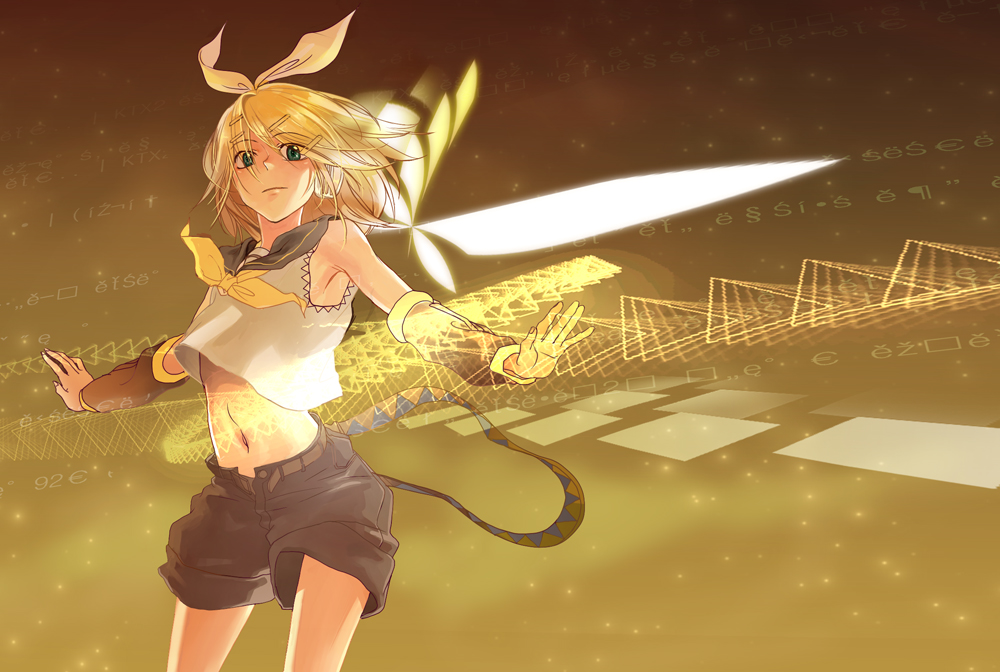 msmoderato, kagamine rin, vocaloid, bad id, bad pixiv id, 1girl, aqua eyes, blonde hair, female focus, hair ornament, hair ribbon, hairclip, headphones, midriff, navel, ribbon, short hair, shorts, solo, wings