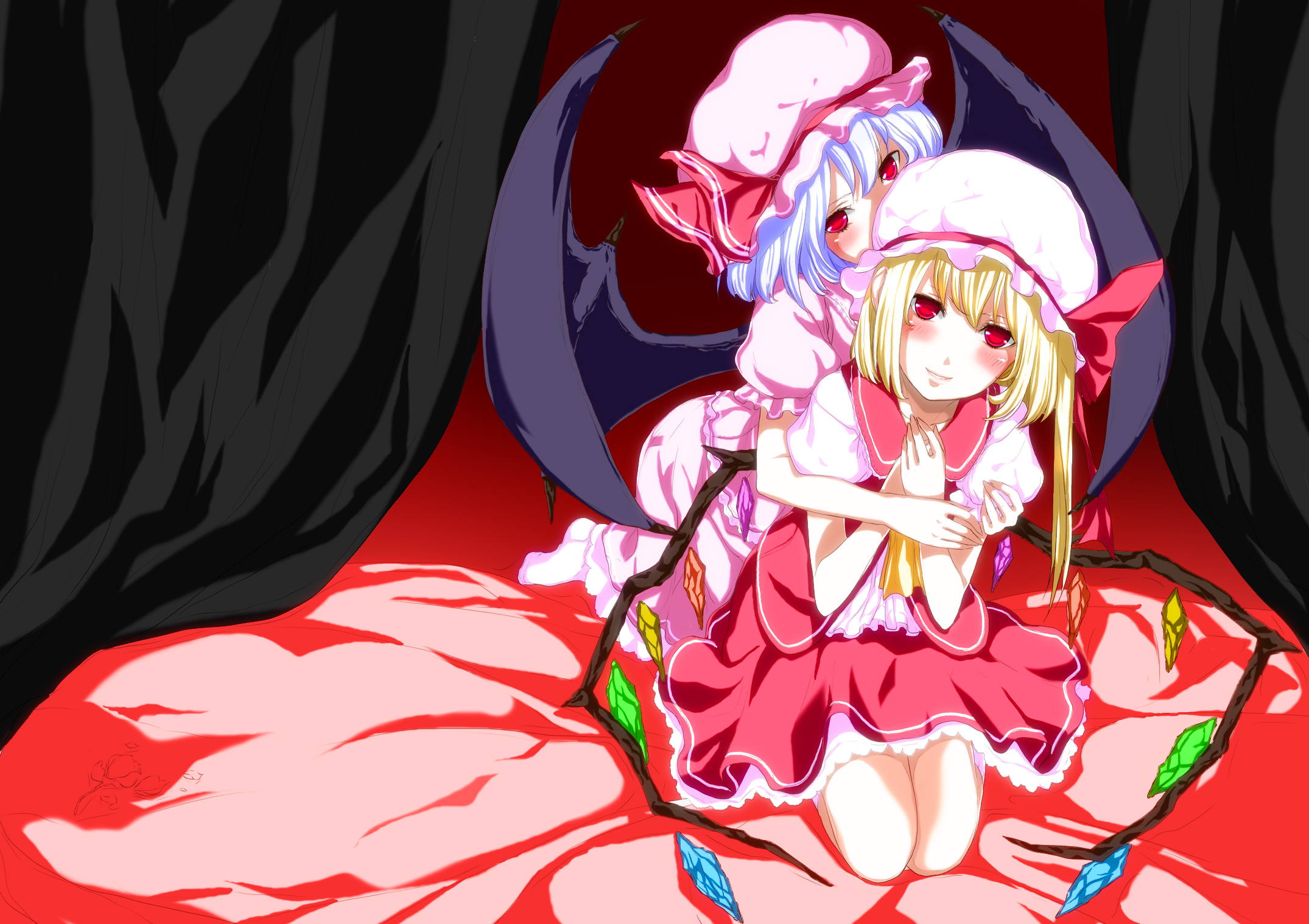 aoki shin, nachi (natyurikoubou), flandre scarlet, remilia scarlet, touhou, bad id, bad pixiv id, highres, 2girls, bat wings, blonde hair, blue eyes, female focus, multiple girls, red eyes, short hair, siblings, side ponytail, sisters, wings