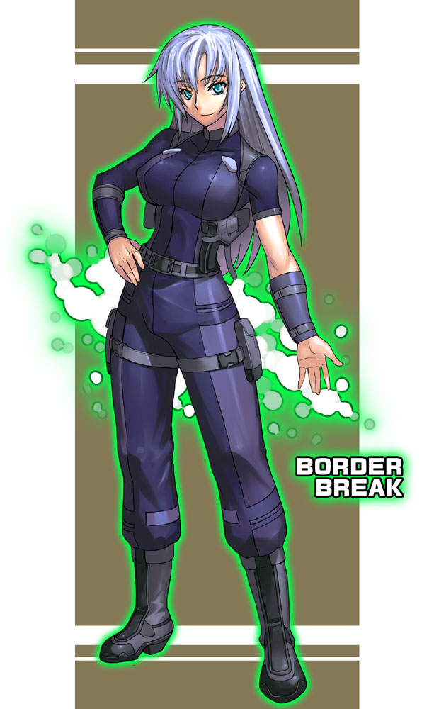 jony (avion mura), player character (border break), border break, sega, silver hair, 1girl, aqua eyes, bodysuit, copyright name, female focus, long hair, solo, thigh strap