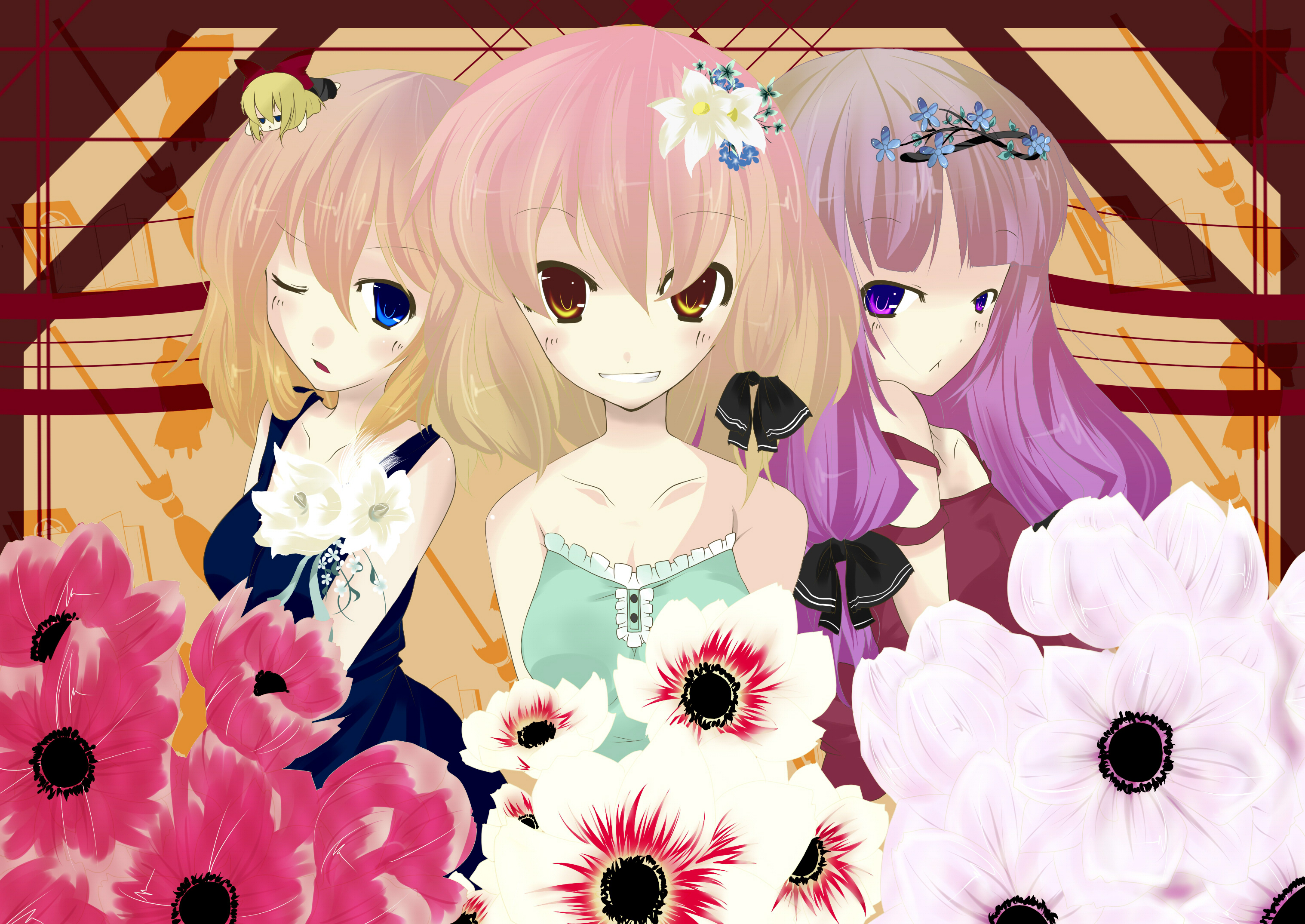psan, alice margatroid, kirisame marisa, patchouli knowledge, shanghai doll, touhou, highres, 3girls, alternate costume, blonde hair, blue eyes, doll, female focus, flower, gradient hair, long hair, multicolored hair, multiple girls, plant, purple eyes, purple hair, short hair, upper body, yellow eyes