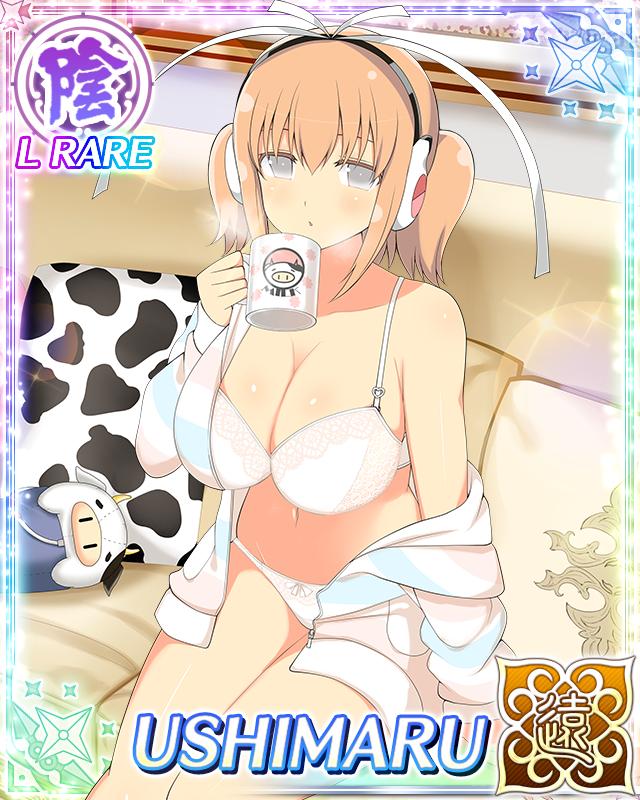 ushimaru (senran kagura), ushiwakamaru (senran kagura), senran kagura, senran kagura new wave, game cg, official art, third-party source, 1girl, animal print, border, bow, bow panties, bra, breasts, bright pupils, bucket, card (medium), character doll, character name, cleavage, couch, cow, cow print, cup, doll, drinking, grey eyes, groin, hair ribbon, headphones, hood, hoodie, large breasts, looking at viewer, medium hair, mug, navel, open clothes, open hoodie, orange hair, panties, pillow, print pillow, ribbon, short twintails, sitting, solo, striped clothes, striped hoodie, twintails, underwear, white bra, white panties, white pupils, white ribbon