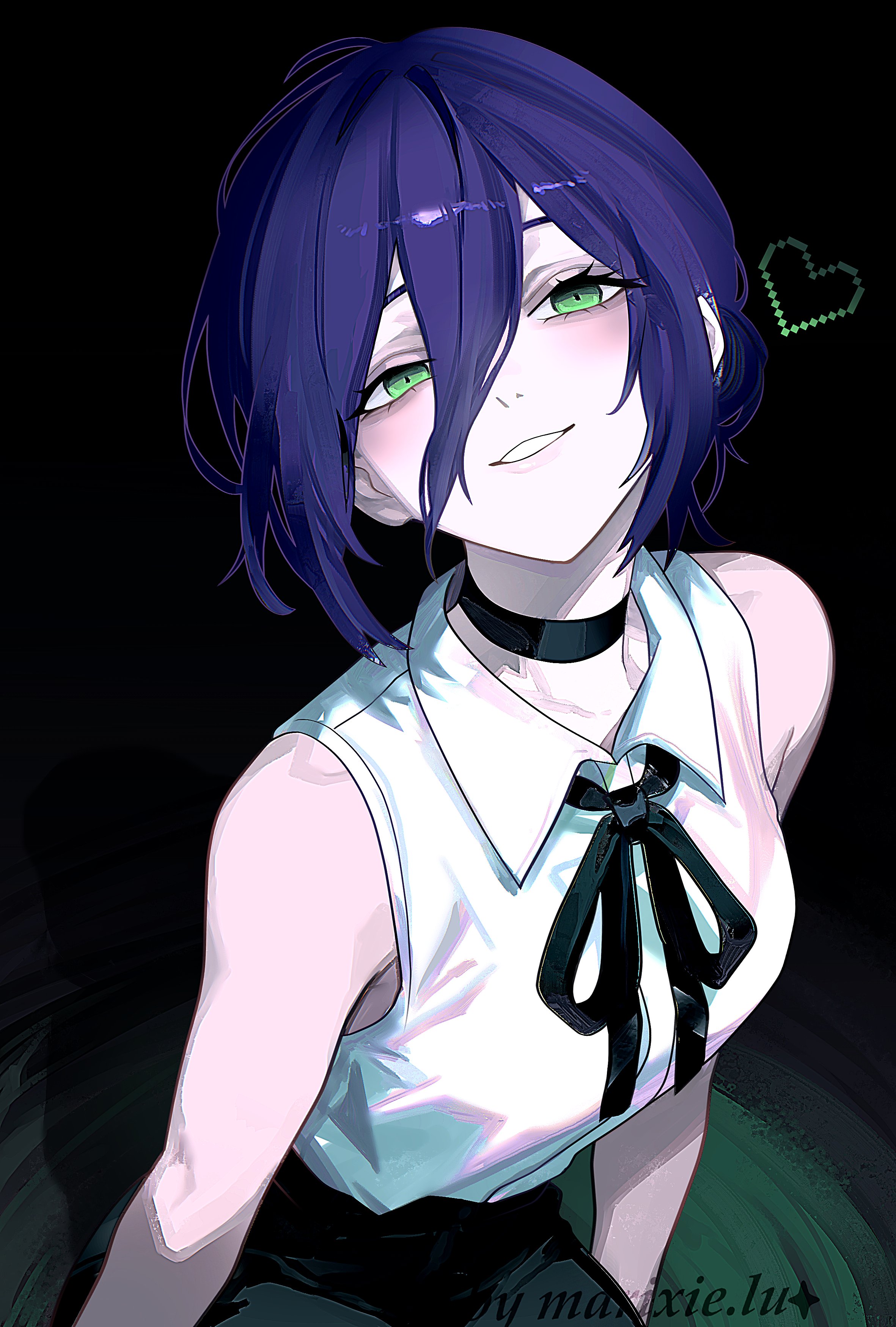reze (chainsaw man), chainsaw man, absurdres, hashtag-only commentary, highres, 1girl, artist name, black background, black choker, black ribbon, black skirt, choker, collared shirt, double-parted bangs, green eyes, hair between eyes, head tilt, heart, looking up, marixielumos, neck ribbon, parted lips, pixel heart, purple eyes, ribbon, shirt, short hair, simple background, sitting, skirt, sleeveless, sleeveless shirt, smile, solo, white shirt