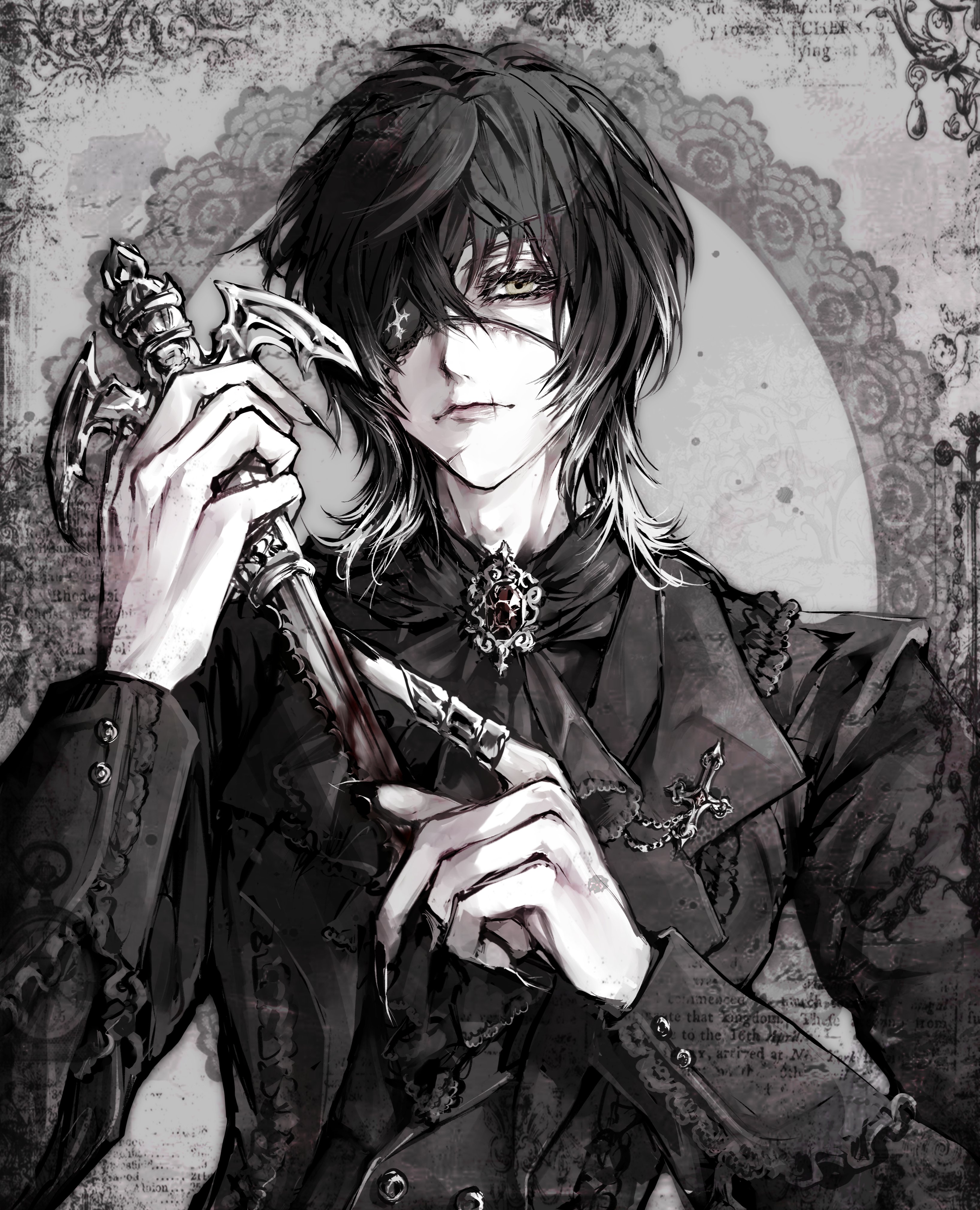 towa (slow damage), slow damage, absurdres, highres, 1boy, black hair, black jacket, black nails, blood, bloody weapon, brooch, claw ring, closed mouth, dagger, eyepatch, fingernails, hair between eyes, holding, holding dagger, holding knife, holding weapon, jacket, jewelry, knife, long sleeves, medium hair, open clothes, open jacket, ronetsu, scar, scar on lip, sharp fingernails, upper body, weapon, yellow eyes