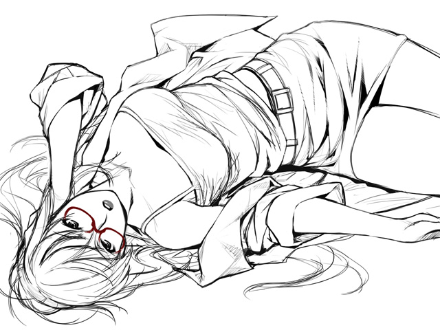 ino (magloid), kisaragi rei, otome function, traditional media, 1girl, breasts, female focus, glasses, greyscale, lying, monochrome, skirt, solo, spot color