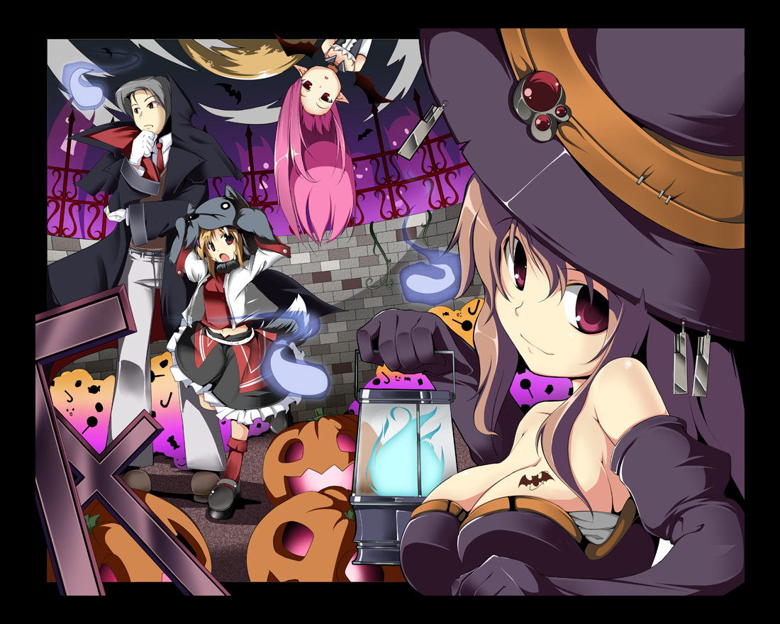 fujy, 1boy, 3girls, blonde hair, breasts, brown hair, cleavage, halloween, hat, jack-o'-lantern, lantern, large breasts, multiple girls, necktie, open mouth, pink hair, pumpkin, smile, tattoo, witch hat