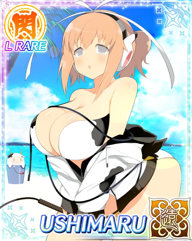 ushimaru (senran kagura), ushiwakamaru (senran kagura), senran kagura, senran kagura new wave, game cg, official art, third-party source, 1girl, :o, animal print, bare shoulders, beach, bikini, border, breasts, bright pupils, bucket, card (medium), character name, cleavage, cow, cow horns, cow print, cow print bikini, cow print hoodie, day, grey eyes, hair ribbon, headphones, holding, holding whip, hood, hoodie, horned hood, horns, huge breasts, leaning forward, looking at viewer, medium hair, ocean, open clothes, open hoodie, orange hair, outdoors, palm tree, print bikini, ribbon, short twintails, solo, sparkling water, strapless, strapless bikini, swimsuit, tree, twintails, whip, white pupils, white ribbon, zipper pull tab