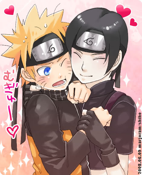 shiho, uzumaki naruto, yamanaka sai, naruto (series), naruto shippuuden, 2boys, blonde hair, blush, closed eyes, gloves, headband, heart, hug, male focus, multiple boys, one eye closed, smile, sweatdrop, wince, wink, yaoi