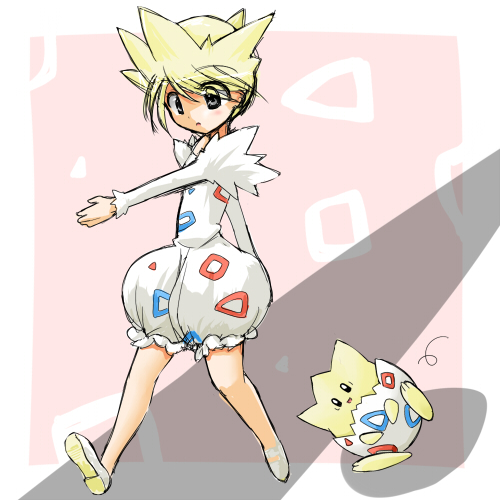 togepi, moemon, pokemon, lowres, blonde hair, blush, child, personification, smile, trap