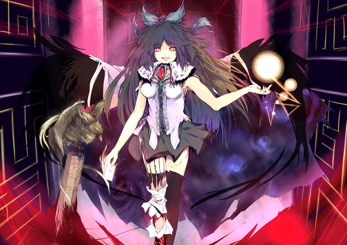nine (pixiv), nine (suifla), reiuji utsuho, yata garasu, touhou, 1girl, bird, bow, brown hair, cape, female focus, long hair, red eyes, solo, torn clothes, wings