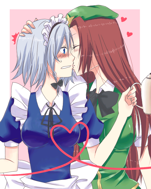 abyss713, hong meiling, izayoi sakuya, embodiment of scarlet devil, touhou, silver hair, 2girls, blue eyes, blush, braid, china dress, chinese clothes, dress, female focus, heart, kiss, long hair, maid, multiple girls, red hair, short hair, twin braids, yuri