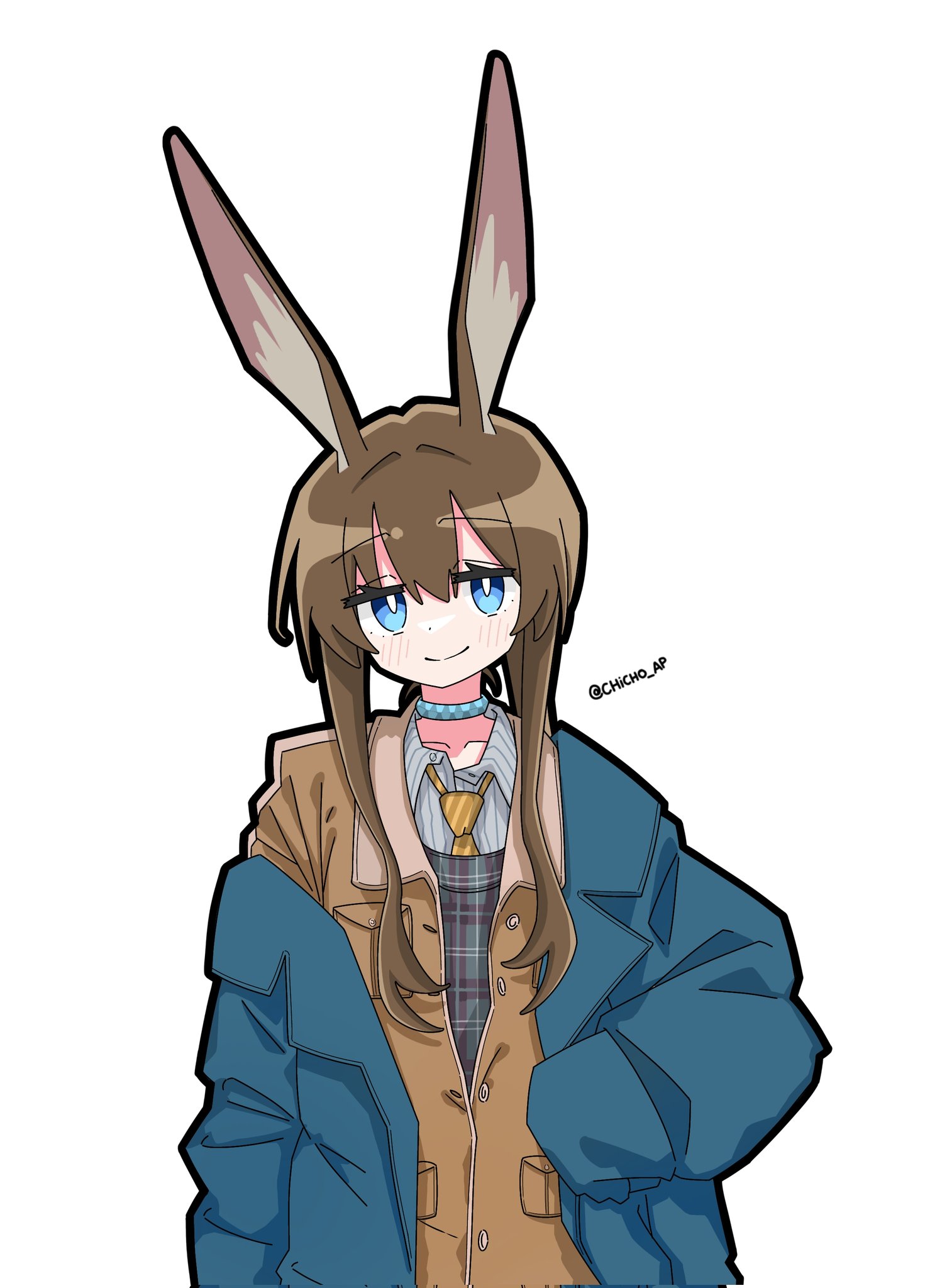 chicho ap, amiya (arknights), arknights, commentary, corrupted twitter file, english commentary, highres, 1girl, animal ears, black outline, black vest, blue eyes, blue jacket, blush, bright pupils, brown hair, brown jacket, buttons, closed mouth, diagonal-striped clothes, diagonal-striped necktie, grey shirt, jacket, lapels, long hair, long sidelocks, looking at viewer, necktie, off shoulder, outline, partially unbuttoned, plaid clothes, plaid vest, shirt, sidelocks, smile, solo, split mouth, striped clothes, striped shirt, twitter username, upper body, vertical-striped clothes, vertical-striped shirt, vest, white pupils, yellow necktie