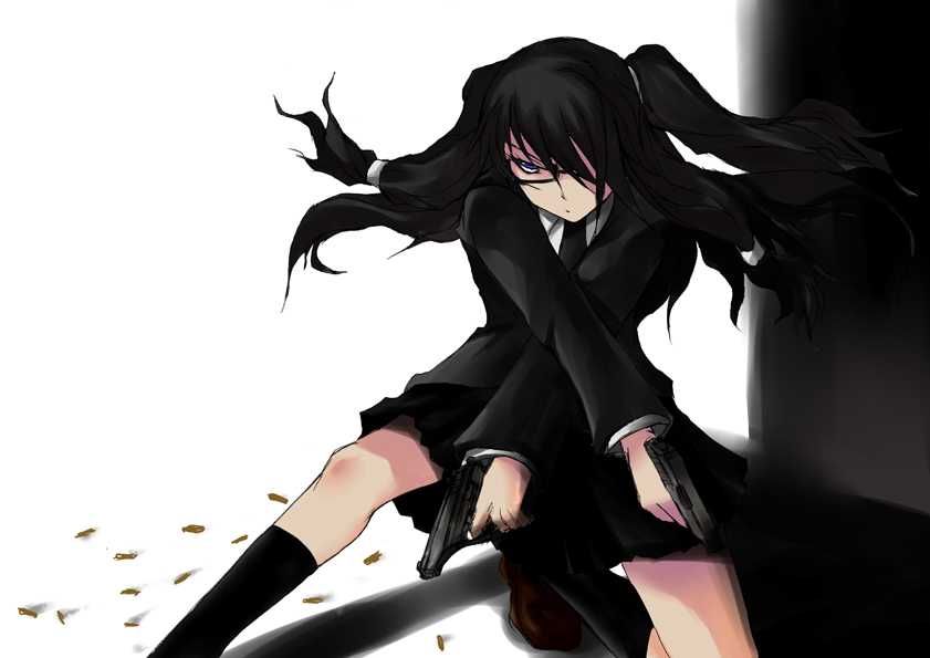 akenoin, akenoin soumon, hyoudou kiriko, original, bad id, bad pixiv id, 1girl, black hair, blue eyes, crossed arms, dual wielding, female focus, glasses, gun, guns akimbo, hair over one eye, handgun, holding, kneehighs, necktie, quad tails, semi-automatic pistol, shell casing, skirt, socks, solo, weapon, x arms