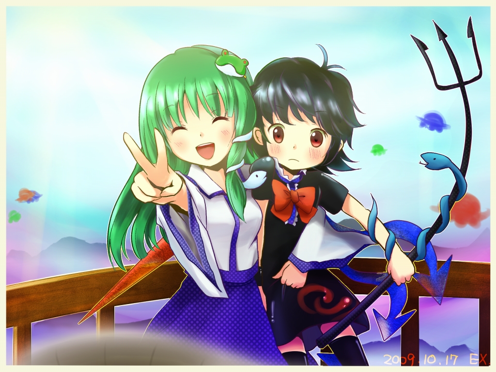 tona (nekotte), houjuu nue, kochiya sanae, touhou, 2girls, black hair, black thighhighs, blush, detached sleeves, dress, female focus, frog, green hair, hair ornament, japanese clothes, long hair, miko, multiple girls, outdoors, polearm, red eyes, short hair, sky, snake, spear, thighhighs, trident, ufo, v, weapon, wings, zettai ryouiki
