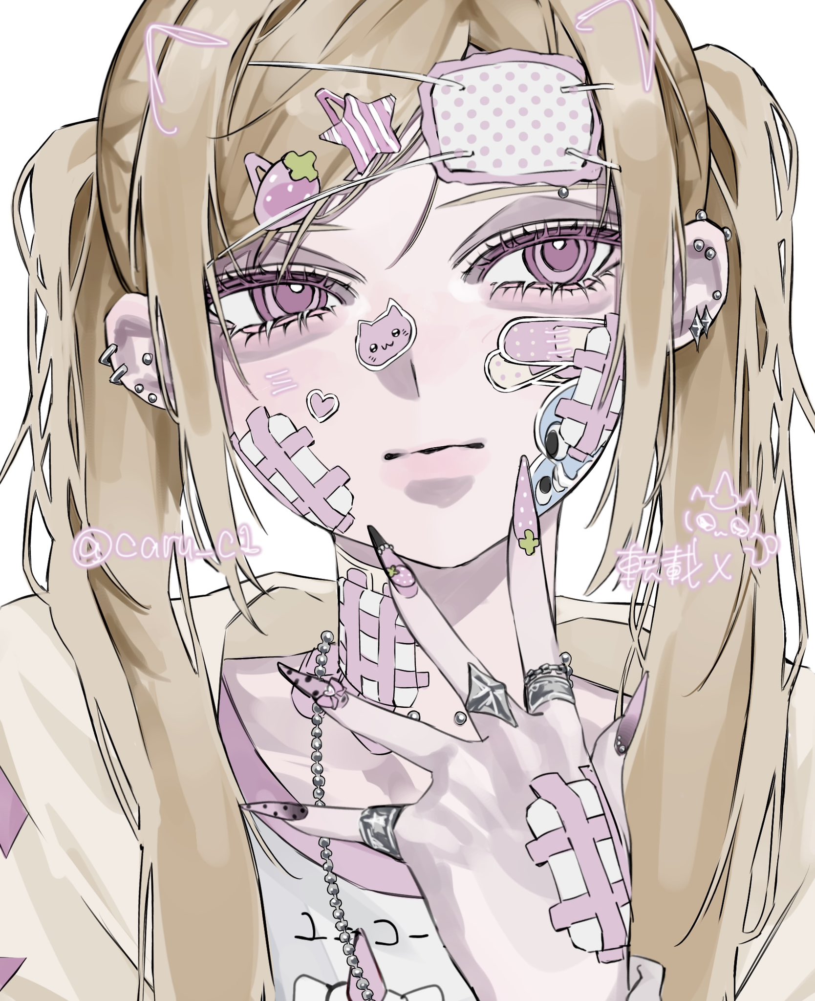 original, commentary, highres, symbol-only commentary, 1girl, aegyo sal, artist name, bandage on face, bandage on neck, bandaged hand, bandages, bead necklace, beads, blonde hair, caru c1, closed mouth, drawn ears, ear piercing, eyebrow piercing, eyepatch, face piercing, facing viewer, fingernails, gyaru, hair ornament, hairclip, hand up, heart, heart sticker, jewelry, long hair, looking to the side, multicolored nails, multiple rings, necklace, parted lips, piercing, portrait, ring, sharp fingernails, simple background, solo, sticker, sticker on face, twintails, white background