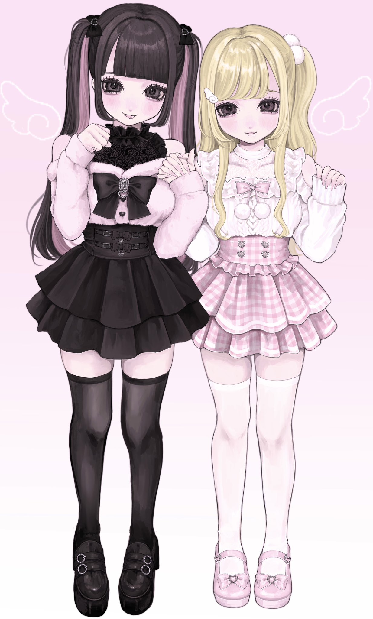 motsu (timotimo451), original, highres, 2girls, angel wings hair ornament, black hair, black skirt, black thighhighs, blonde hair, blush, bow, brown eyes, clothing cutout, face piercing, full body, gradient background, hair ornament, hands up, holding hands, jirai kei, lip piercing, long hair, long sleeves, looking at viewer, multicolored hair, multiple girls, off-shoulder shirt, off shoulder, one side up, paw pose, piercing, pink background, pink bow, pink shirt, pink skirt, plaid clothes, plaid skirt, pom pom (clothes), pom pom hair ornament, shirt, shoulder cutout, skirt, streaked hair, thighhighs, tongue, tongue out, tongue piercing, twintails, white thighhighs