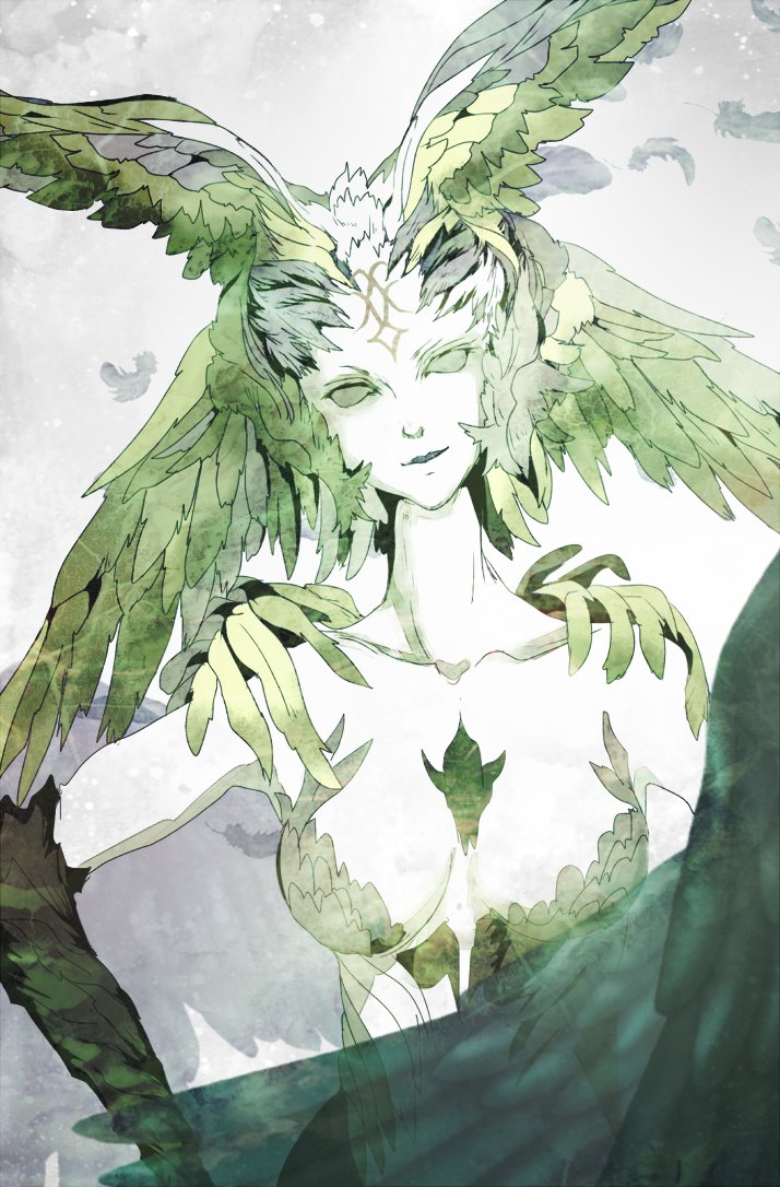 ruka (blueplus84), garuda (final fantasy), final fantasy, final fantasy xiv, 1girl, breasts, cleavage, collarbone, facial mark, falling feathers, feathered wings, feathers, forehead mark, green eyes, green wings, half-harpy, head wings, medium breasts, solid eyes, solo, wings