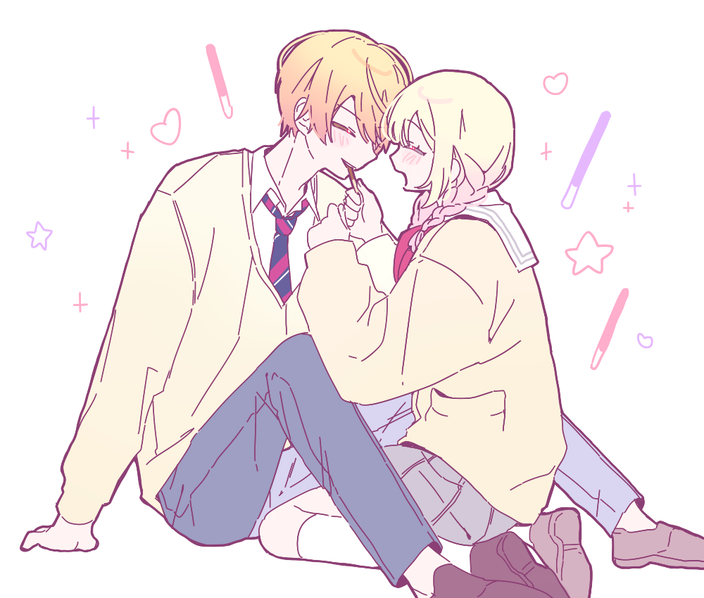 89 (8989 99), tenma saki, tenma tsukasa, project sekai, character request, check character, 1boy, 1girl, blonde hair, blush, braid, brown shoes, cardigan, closed eyes, collared shirt, diagonal-striped clothes, diagonal-striped necktie, food, food in mouth, grey skirt, heart, kamiyama high school uniform (project sekai), kneehighs, long hair, long sleeves, neckerchief, necktie, pleated skirt, pocky, pocky in mouth, red neckerchief, sailor collar, school uniform, seiza, shirt, shoes, short hair, siblings, simple background, sitting, skirt, socks, star (symbol), striped clothes, striped necktie, sweater, white background, white sailor collar, white shirt, white socks, yellow sweater