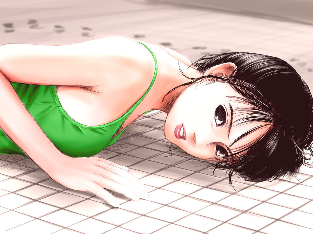 popopon, 1girl, black eyes, black hair, camisole, female focus, lips, lying, on stomach, sketch, solo