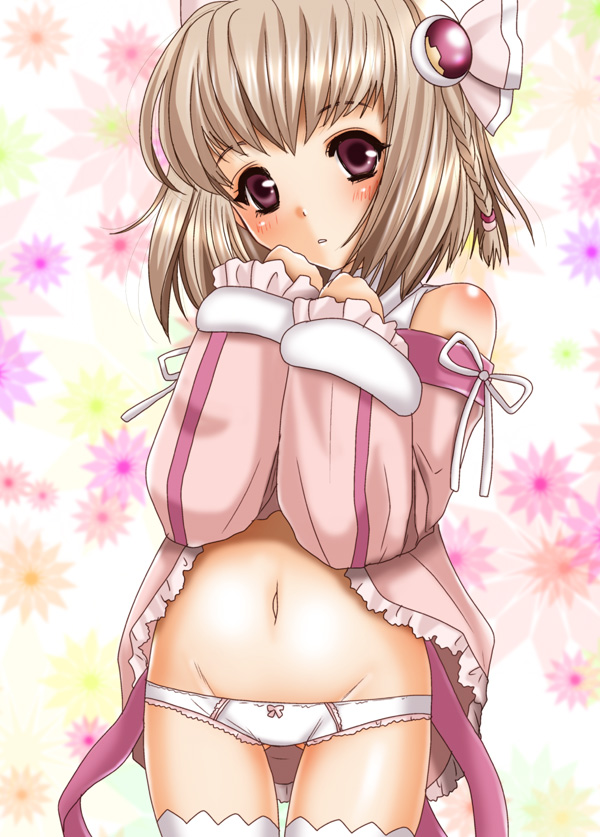 inumori sayaka, saki (ar tonelico), ar tonelico, ar tonelico iii, gust, 00s, 1girl, blonde hair, braid, clothes lift, dress, dress lift, female focus, hair ornament, panties, pink eyes, short hair, solo, thighhighs, underwear, white panties