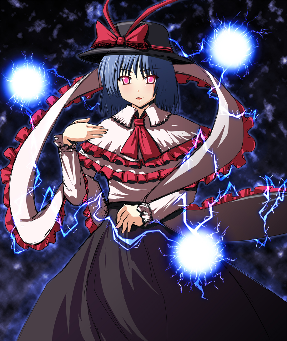 kuro-tori, nagae iku, touhou, bad id, bad pixiv id, 1girl, blue hair, dress, electricity, female focus, hat, red eyes, scarf, short hair, solo