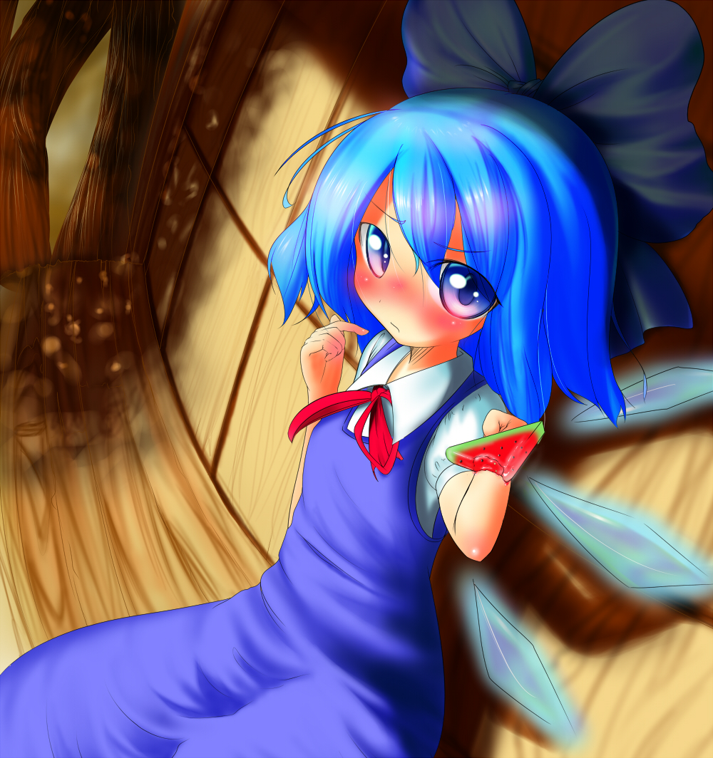 osatsu, cirno, embodiment of scarlet devil, touhou, 1girl, blue hair, blush, bow, female focus, food, hair bow, popsicle, short hair, solo, watermelon bar, wings