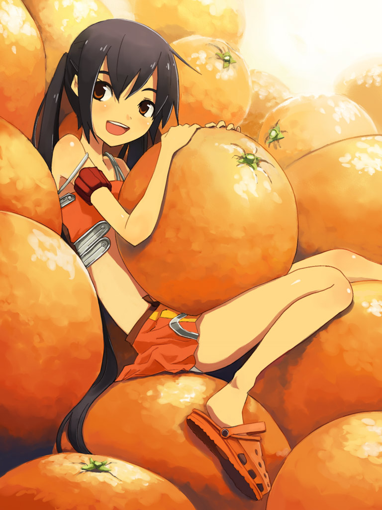 kusakabe, kusakabe (kusakabeworks), kusakabe (pixiv10302), arancia, original, bad id, bad pixiv id, 1girl, :d, black hair, brown eyes, crocs, female focus, food, fruit, hair between eyes, hair ornament, hairpin, holding, holding food, holding fruit, in food, long hair, looking to the side, midriff, mini person, minigirl, miniskirt, open mouth, orange (fruit), orange eyes, orange skirt, orange theme, sandals, shoes, sidelocks, sitting, skirt, smile, solo, teeth, twintails, upper teeth only, very long hair