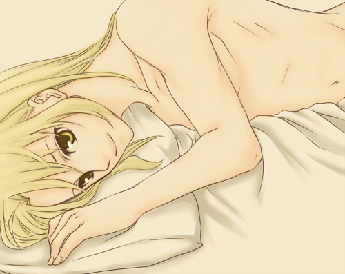 minaru, edward elric, fullmetal alchemist, lowres, 00s, 1boy, bed, blonde hair, hair down, long hair, lying, male focus, nude, solo, yellow eyes