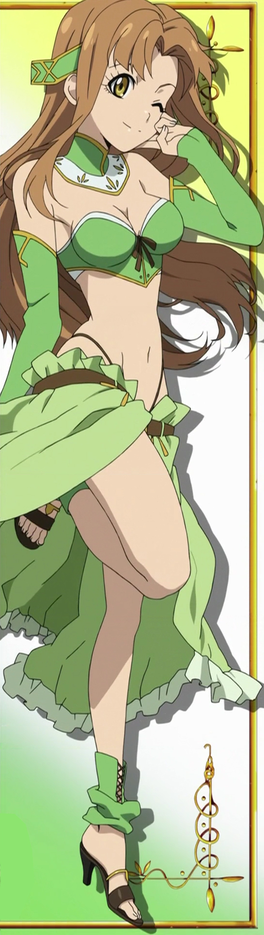 aria (seiken no blacksmith), seiken no blacksmith, anime screenshot, highres, long image, stitched, tall image, third-party edit, 00s, 1girl, breasts, brown hair, cleavage, female focus, highleg, long legs, midriff, one eye closed, sandals, solo, toes, wink, yellow eyes