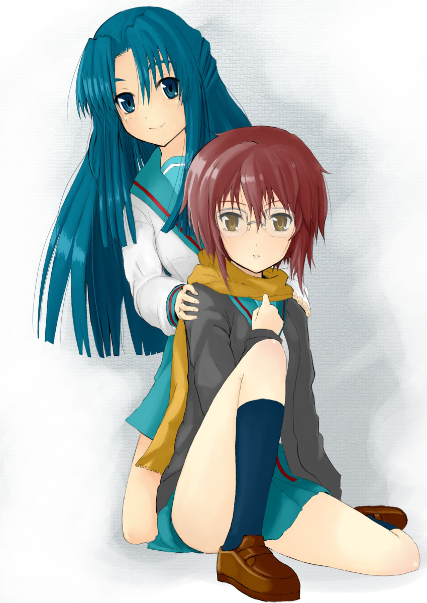 shiro-inu, asakura ryoko, nagato yuki, suzumiya haruhi no yuuutsu, highres, 00s, 2girls, blue eyes, blue hair, brown eyes, cardigan, glasses, long hair, multiple girls, purple hair, scarf, school uniform, serafuku