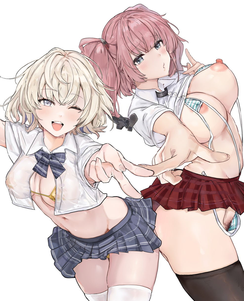 ahshi (yingchuan songshu), atlanta (kancolle), gloire (kancolle), kantai collection, highres, 2girls, amesuku gyaru, anchor hair ornament, areola slip, bikini, black collar, black thighhighs, blonde hair, blue bow, blue eyes, blue hair, blue skirt, blush, bow, breasts, collar, colored inner hair, female pubic hair, gold bikini, grey eyes, gyaru, hair ornament, kogal, large breasts, microskirt, multicolored hair, multiple girls, one eye closed, open mouth, pink hair, pointing, pubic hair, red skirt, shirt, short hair, simple background, skirt, striped bikini, striped bow, striped clothes, striped skirt, swimsuit, thighhighs, two side up, v, white background, white shirt, white thighhighs