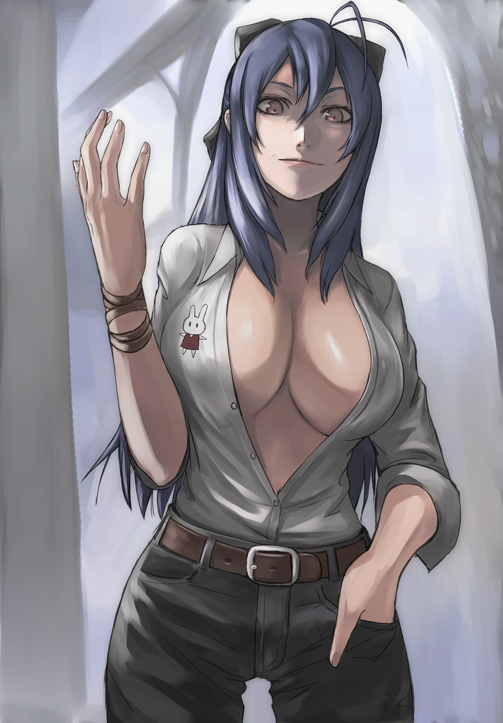 tea (nakenashi), hamutz meseta, tatakau shisho, bad id, bad pixiv id, highres, 00s, 1girl, blue hair, breasts, cleavage, female focus, large breasts, long hair, open clothes, open shirt, red eyes, shirt, solo