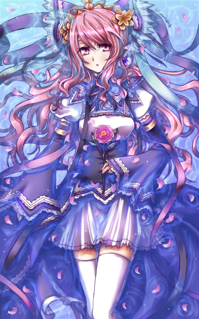 suou sakura, xiao qiao (sangokushi taisen), sangokushi taisen, bad id, bad pixiv id, 1girl, bow, detached sleeves, female focus, flower, hair bow, long hair, lying, on back, petals, pink eyes, pink hair, solo, thighhighs, twintails, very long hair, water, zettai ryouiki
