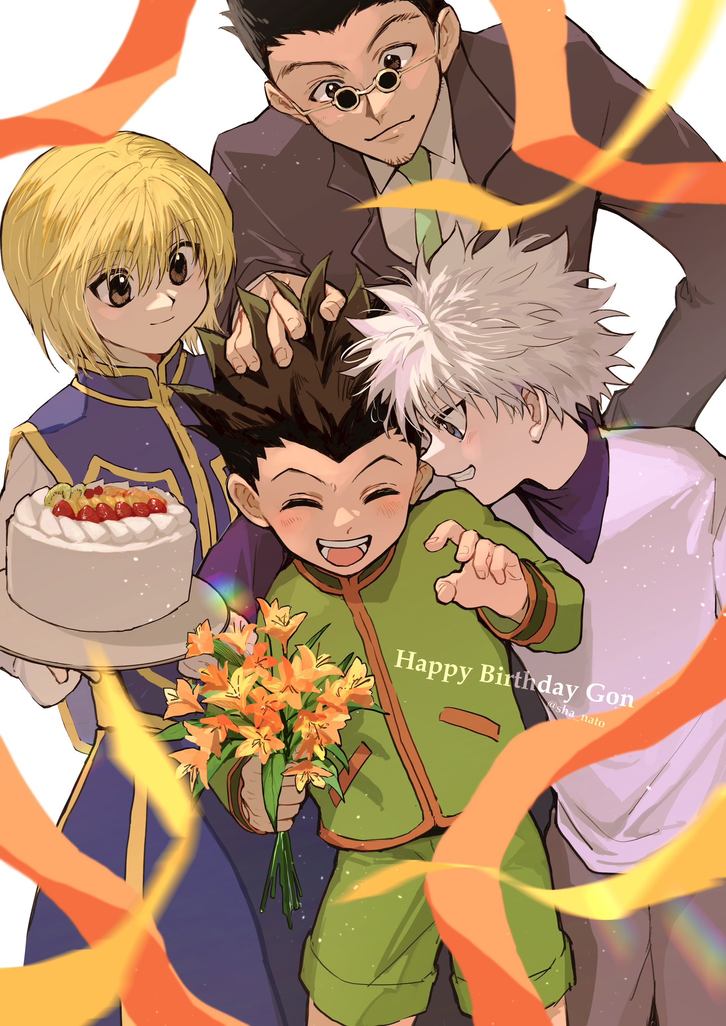 sha nato, gon freecss, killua zoldyck, kurapika, leorio paladiknight, hunter x hunter, commentary request, highres, 4boys, arms up, black hair, black jacket, blue eyes, blue shirt, blue tabard, blush, bouquet, brown eyes, cake, closed eyes, closed mouth, collared shirt, feet out of frame, flower, food, glasses, green jacket, green shorts, grey shorts, grin, hand in another's hair, happy birthday, holding, holding bouquet, holding plate, jacket, lapels, layered clothes, leaf, long sleeves, looking at another, male focus, multiple boys, notched lapels, open mouth, pince-nez, plate, shirt, short hair, shorts, simple background, sleeve cuffs, smile, spiked hair, standing, strawberry shortcake, streamers, suit jacket, tabard, teeth, tongue, turtleneck, twitter username, v-neck, white background, white hair, white shirt, widow's peak, wing collar, yellow flower