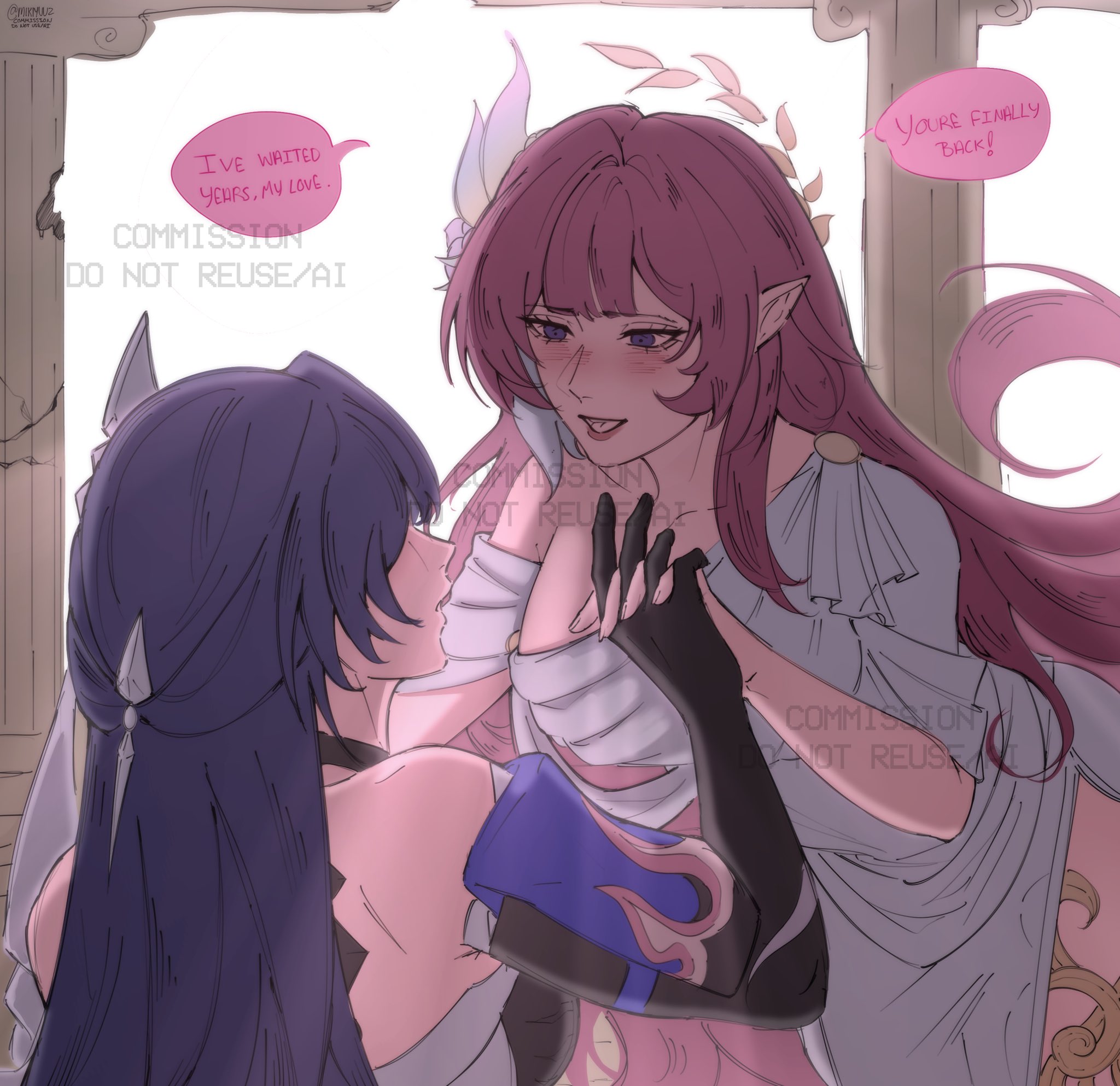 mikiyuuz, acheron (honkai: star rail), cyrene (demiurge) (honkai: star rail), cyrene (honkai: star rail), honkai: star rail, honkai (series), hashtag-only commentary, highres, 2girls, bare shoulders, black gloves, breasts, dress, elbow gloves, english text, flower, gloves, hair flower, hair ornament, interlocked fingers, large breasts, long hair, multiple girls, pink hair, purple eyes, purple hair, speech bubble, toga, very long hair, white dress, yuri