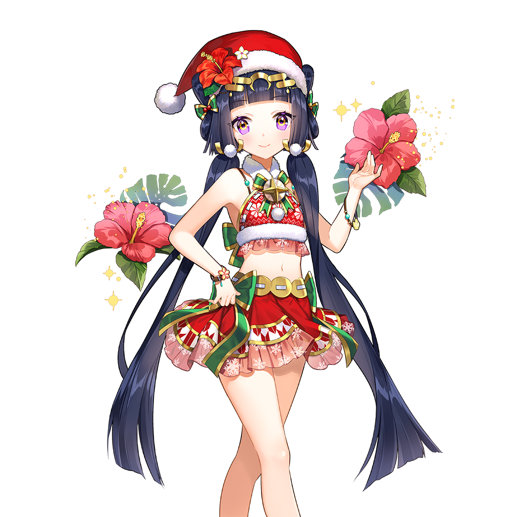 cocoon (loveririn), uchi no hime-sama ga ichiban kawaii, 1girl, bikini, bikini skirt, black hair, blunt bangs, bow, breasts, flower, frilled skirt, frills, green bow, hair flower, hair ornament, hair rings, hat, hibiscus, himiko (uchihime), long hair, low twintails, purple eyes, santa bikini, santa costume, santa hat, skirt, small breasts, swimsuit, twintails, very long hair