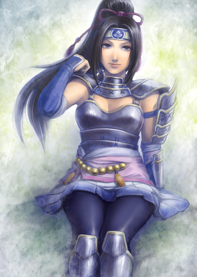 magmel, ina (sengoku musou), sengoku musou, sengoku musou 3, 1girl, armor, black hair, blue eyes, breasts, female focus, long hair, ponytail, sitting, skirt, solo