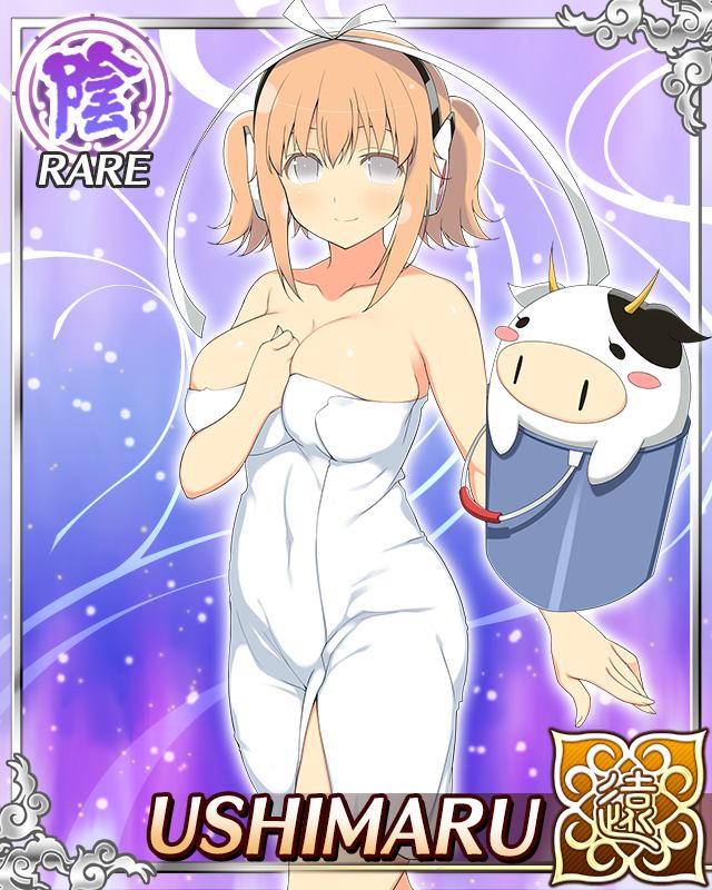 ushimaru (senran kagura), ushiwakamaru (senran kagura), senran kagura, senran kagura new wave, game cg, official art, third-party source, 1girl, arm between breasts, between breasts, border, breasts, bright pupils, bucket, card (medium), character name, cleavage, closed mouth, covered navel, cow, grey eyes, hair ribbon, headphones, large breasts, looking at viewer, medium hair, naked towel, orange hair, ribbon, short twintails, smile, solo, towel, twintails, white pupils, white ribbon