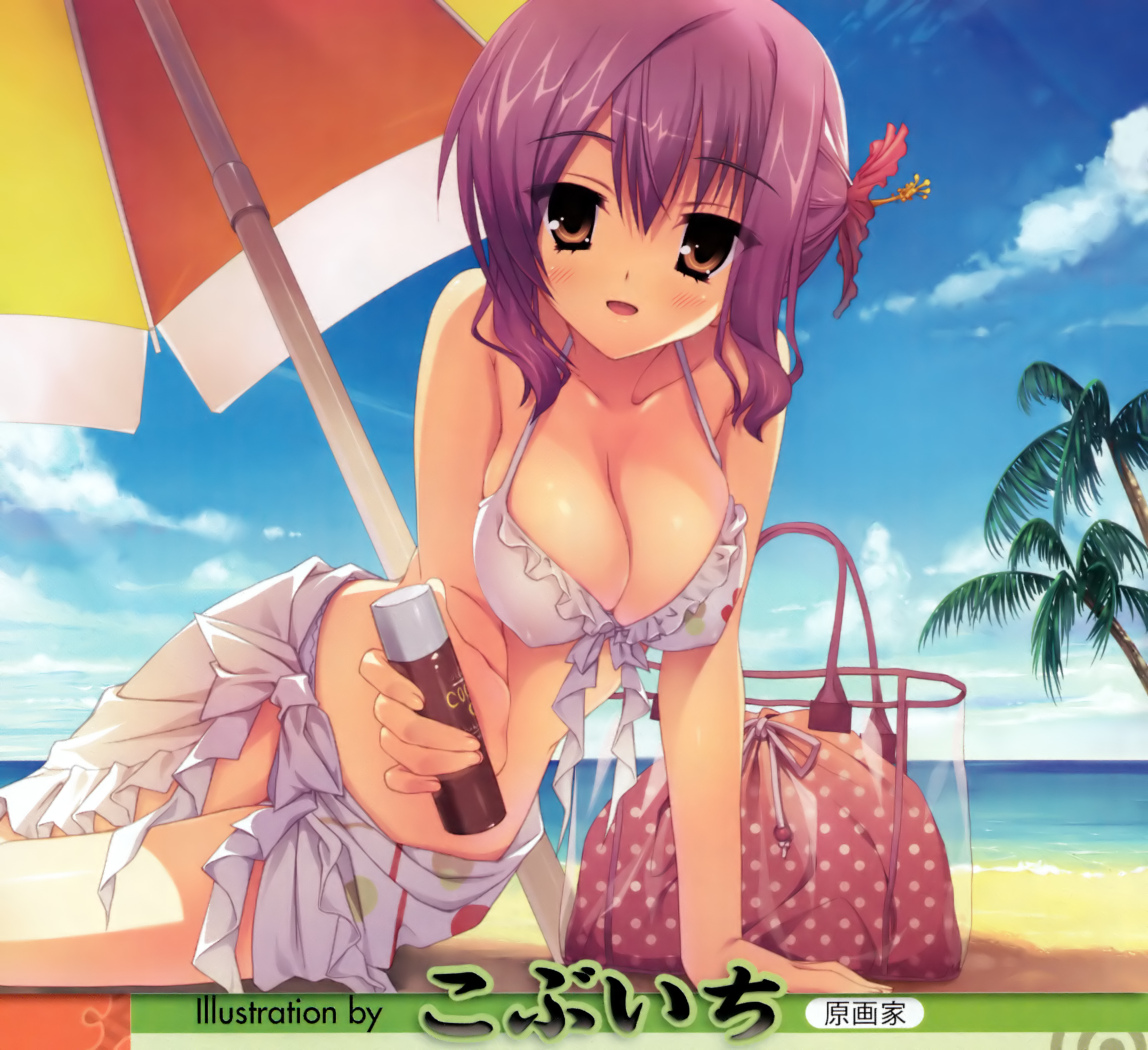 kobuichi, tokiwa mahiro, tenshinranman, absurdres, highres, 1girl, arm support, beach, beach umbrella, bikini, blush, breasts, cleavage, covered erect nipples, day, flower, foreshortening, frilled bikini, frills, hair flower, hair ornament, hibiscus, large breasts, outdoors, palm tree, parasol, purple hair, sarong, short hair, sitting, swimsuit, tree, umbrella