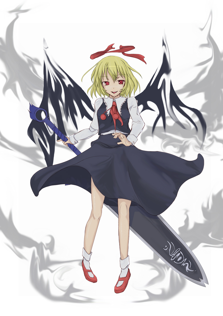 sazame, sazame (sazame), ex-rumia, rumia, embodiment of scarlet devil, the iron of yin and yang, touhou, highres, 1girl, blonde hair, darkness, dress, female focus, hair ribbon, necktie, red eyes, ribbon, short hair, socks, solo, sword, weapon, wings