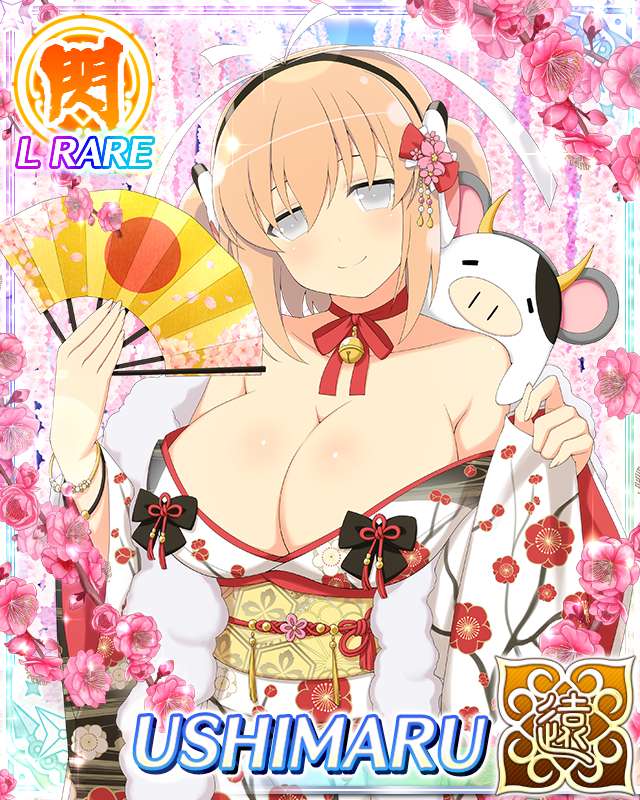 ushimaru (senran kagura), ushiwakamaru (senran kagura), senran kagura, senran kagura new wave, game cg, official art, third-party source, 1girl, animal ear hairband, animal ears, arms up, bell, border, bow, breasts, bright pupils, card (medium), character name, chinese zodiac, cleavage, closed mouth, cow, fake animal ears, floral print, floral print kimono, flower, grey eyes, hair bow, hair flower, hair ornament, hair ribbon, hairband, hand fan, head tilt, headphones, huge breasts, japanese clothes, jingle bell, kimono, looking at viewer, low neckline, medium hair, mouse ears, neck bell, neck ribbon, orange hair, pink flower, print kimono, red ribbon, ribbon, seductive smile, short twintails, smile, solo, twintails, white kimono, white pupils, white ribbon, year of the rat